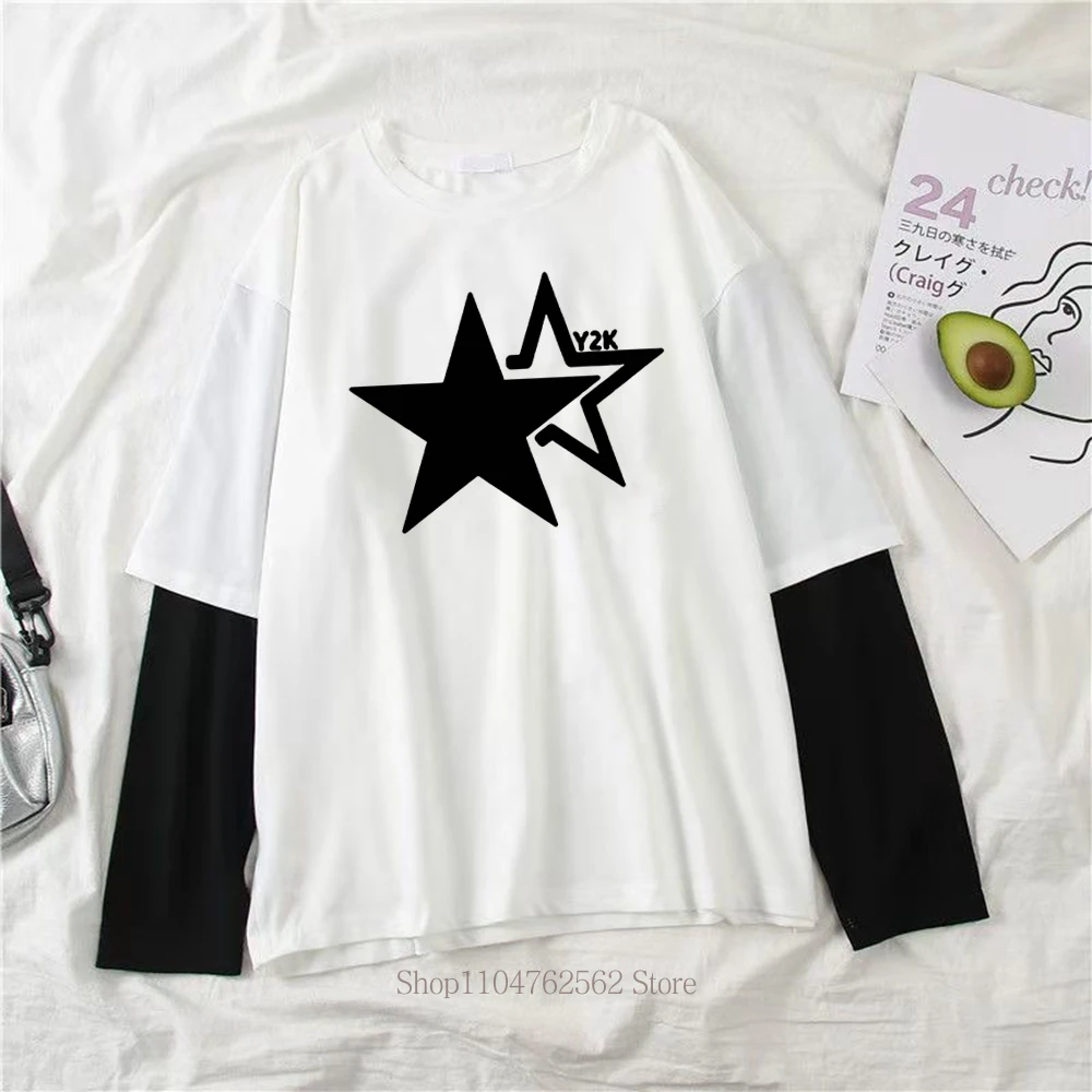 Women Star Y2K Print Graphic Fake Two Long Sleeved T-shirts Fashion Gothic Retro Casual Loose Fake Two Long Sleeved T Shirt 5