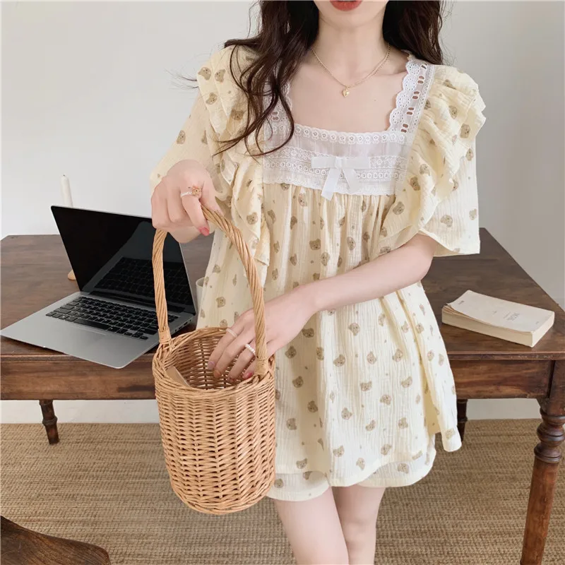 

Double Layer Gauze Pajama Set Women Summer Tops Cartoon Kawaii Short Sleeve Sleepwear Shorts Home Suit Apricot Pyjams Lace D304