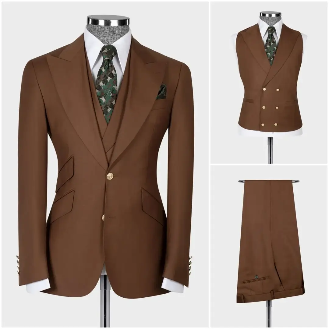 Dark Blue Men's Suit Coat Pants Vest 3Pcs Set Man Suits Slim Fit Outfit Blazer Trousers Wedding Clothing New Year Business Wear