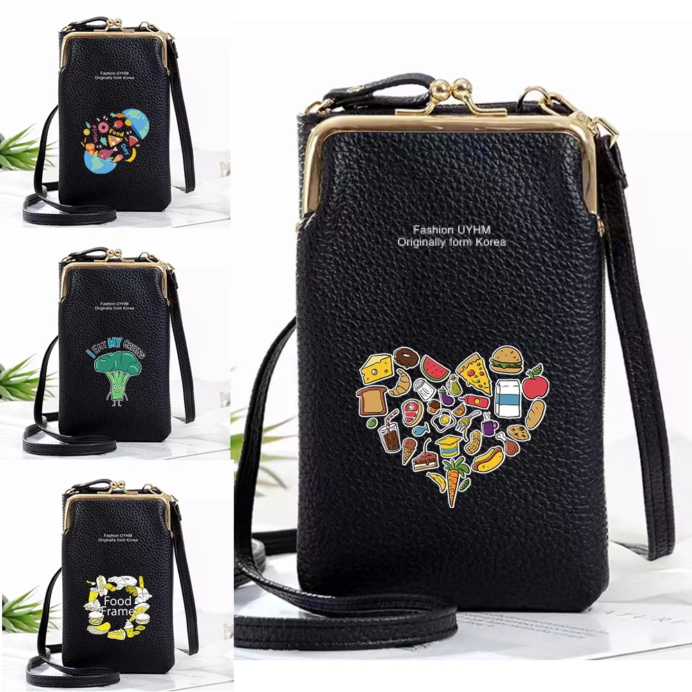 Women's Wallet Shoulder Leather Bags Mobile Phone Bag Card Holder Wallet Handbag Food Series Print Money Pockets Girls Small Bag women s wallet shoulder leather bags mobile phone bag card holders wallet handbag mushroom print money pockets girls small bag