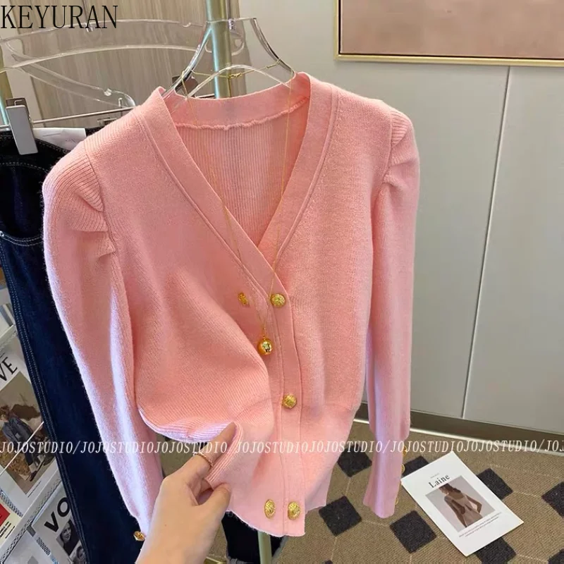 

Pink Knitted Cardigan Women's 2023 Spring Autumn New Vintage White Slim V-Neck Puff Long Sleeve Double Button Sweater Coat Mujer