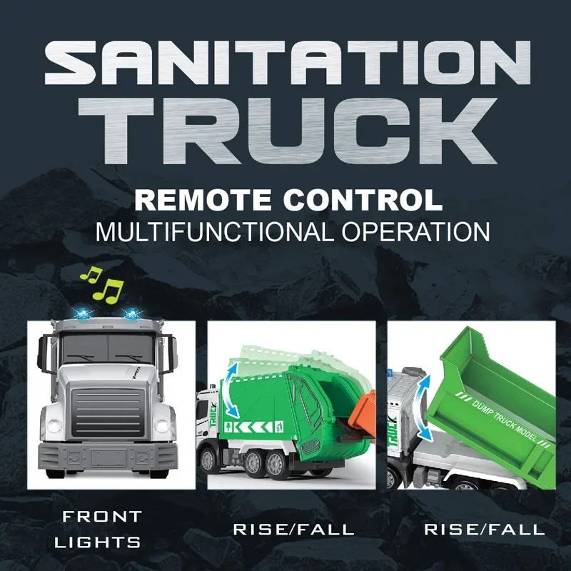 Rc Garbage Truck 1/12 Toy with Lights Scale Radio Controlled Car Sanitation Vehicle Recycling Cars Early Learning Boys Toys