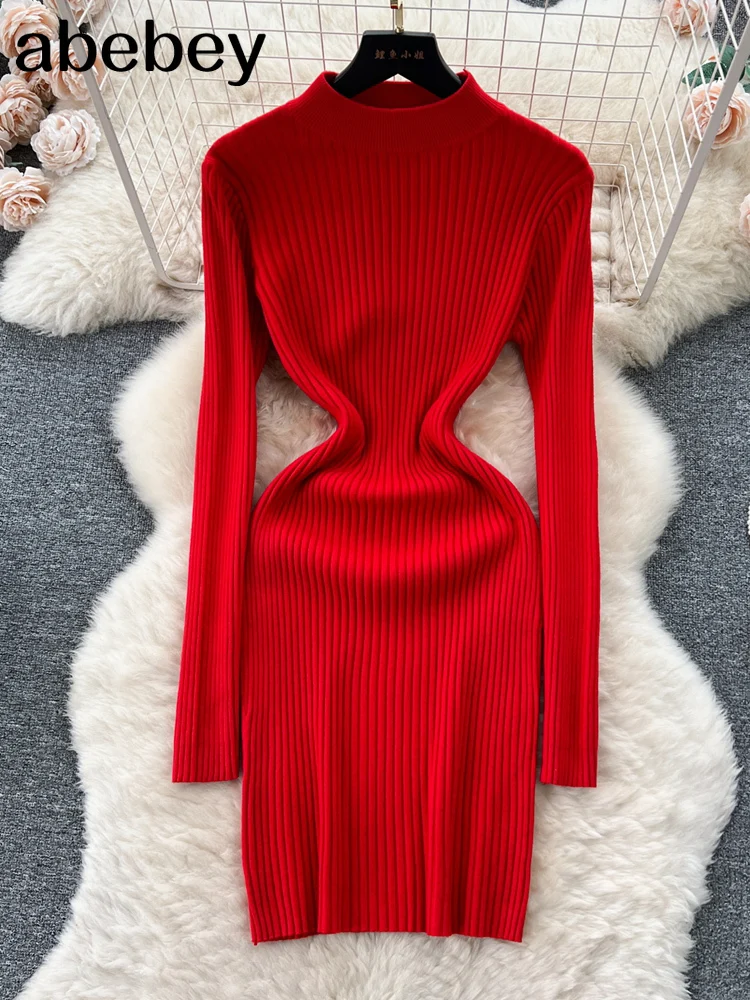 فستان نسائي قصير محبوك ، نصف ياقة ، رقبة ، مثير ،...