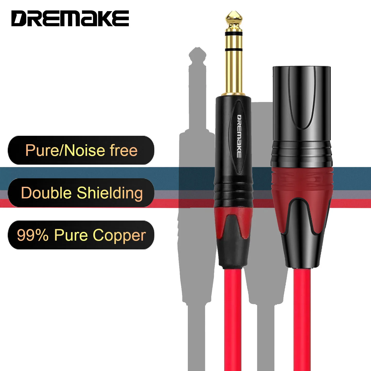 

DREMAKE XLR to 1/4 Inch TRS Mic Audio Cable XLR 3-Pin Male to Quarter Inch 6.35mm/6.5mm TRS Male Balanced Cord for Effect Pedal