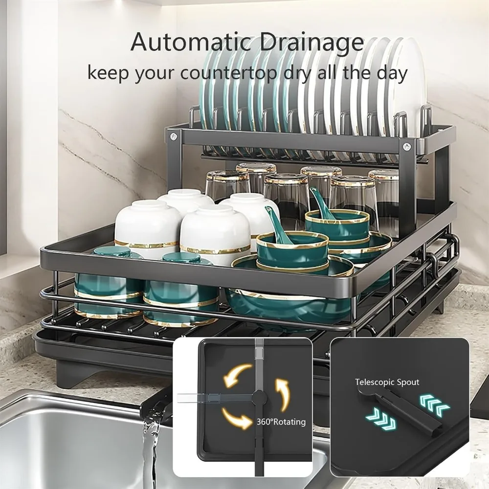 Dish Drying Rack Adjustable Kitchen Plates Organizer With Drainage Countertop Cutlery Storage Holder Metal Tableware Bowl Shelf