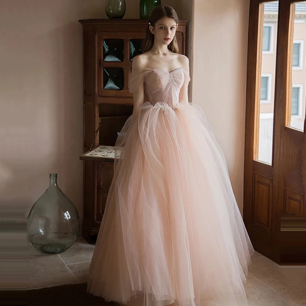Vintage Blush Pink Tulle Prom Dress Elegant Illusion Off the Shoulder A-line Applique Beading Light Party Dresses Women 2022