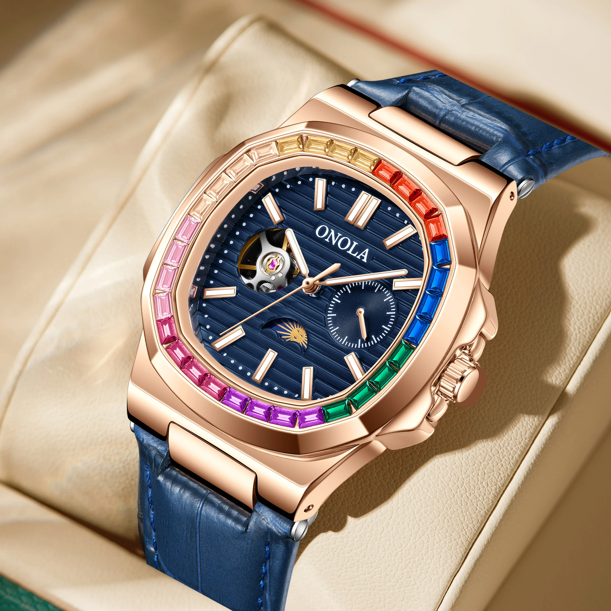 ONOLA Fashion Colorful Diamond Hollow Fully Automatic Mechanical Men's and Women's Watches Waterproof Leather Watch Men's Clock_voghion.com