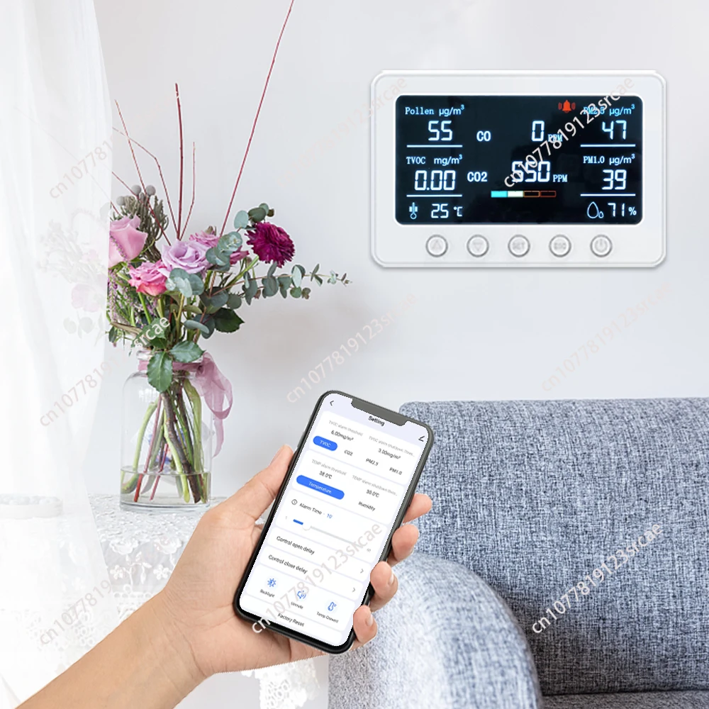 앱 제어, NDIR 센서, TVOC, 꽃가루 및 PM2.5 실내 오염 감지 기능을 갖춘 스마트 공기질 CO2 측정기
