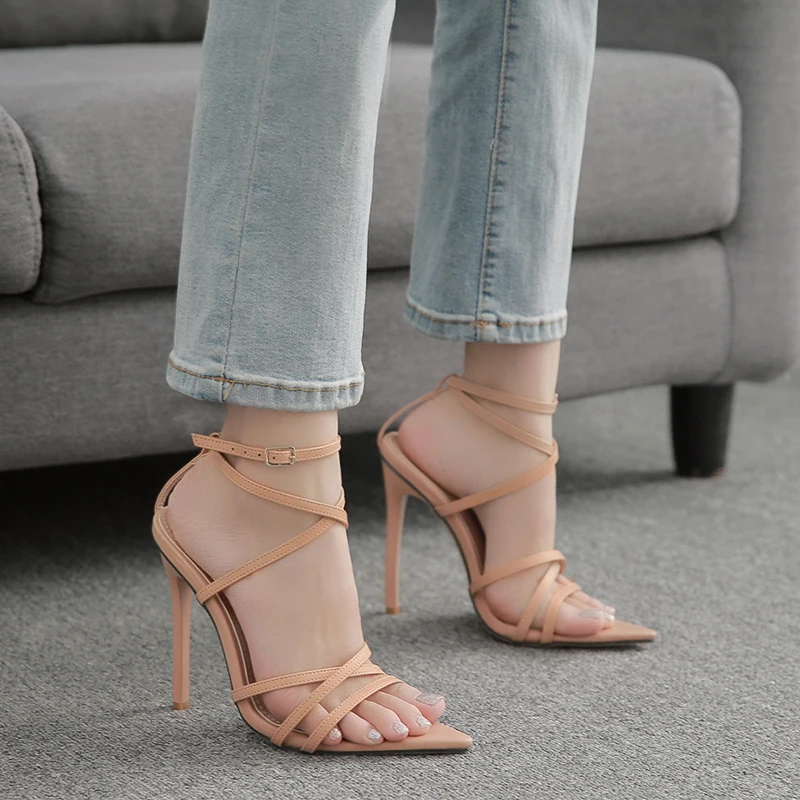 New Fashion Pinch Narrow Band Women Sandals 2024 Summer Square Pointed Peep Toe Ankle Buckle Strap High Heel Ladies Shoes Hollow