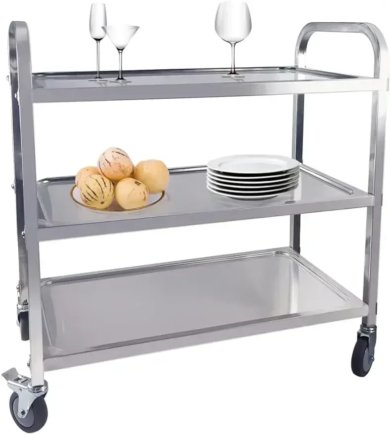 

3-Tier Utility Cart with Wheels Kitchen Island Stainless Steel Trolley Serving Cart 300 lbs Capacity Catering Storage Shelf with