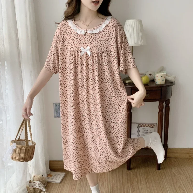قميص نوم صيفي جديد فضفاض للعناية بالبشرة من القطن بأكمام قصيرة ملابس منزلية من الدانتيل الحلو مقاس كبير ملابس نوم للنساء