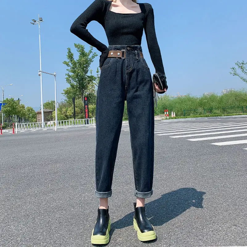 

5XL High Waist Jeans Woman Denim Pants Lace Up Washed Loose Harem Pants Casual 2023 Spring Autumn Large Size Wild Jeans Trousers