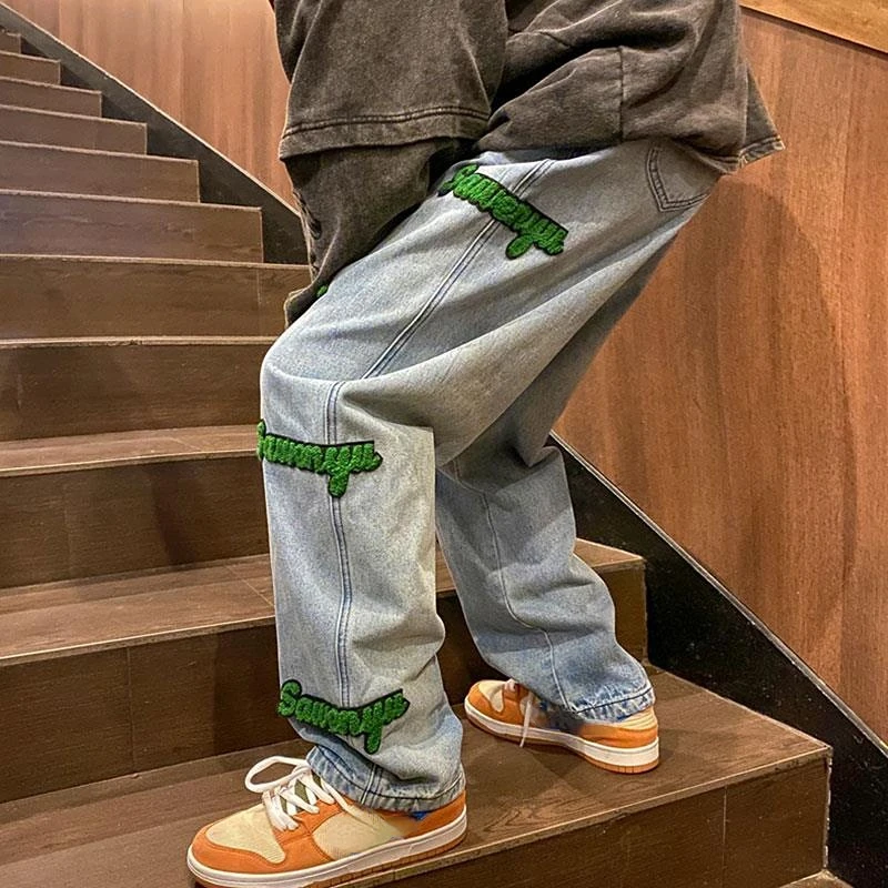 

Flocked Letter Print Jeans Men's Trendy High Street Casual Elastic Waist Straight-leg Pants Harajuku Style Fashion Men Trousers