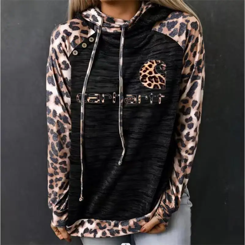 

Spring and Autumn Women's Pullover Hoodie Contrast Leopard Pattern Drawstring Letter Print Long Sleeve T-shirt Hoodies Tops
