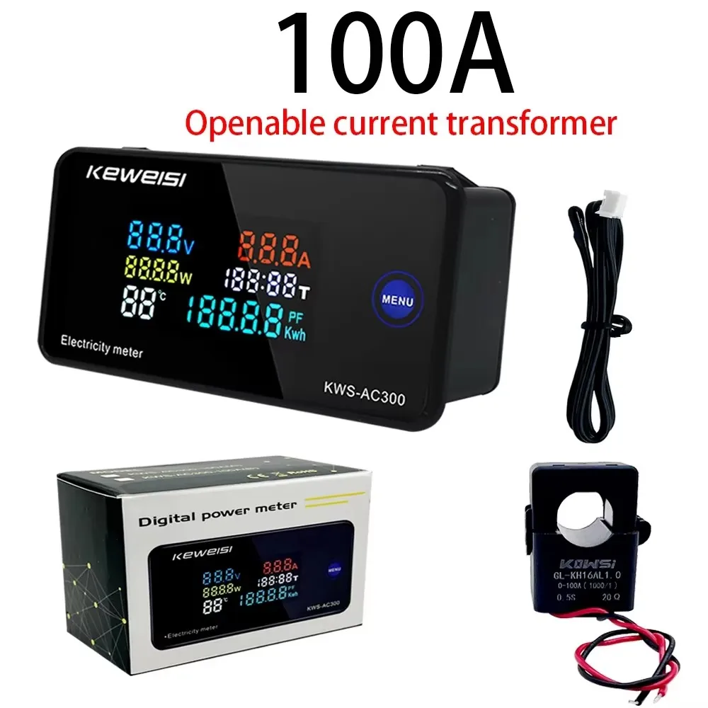 KWS-AC300 6 in 1 디지털 전력 에너지 미터 AC 50-300V 100A 전압계 전류계 LED 전력계(리셋 모니터 테스터 포함)
