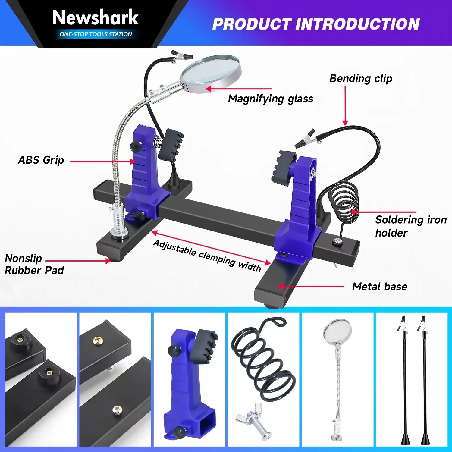 Pince de maintien pour carte mère fixée sur un support réglable, permettant une rotation à 360 degrés.