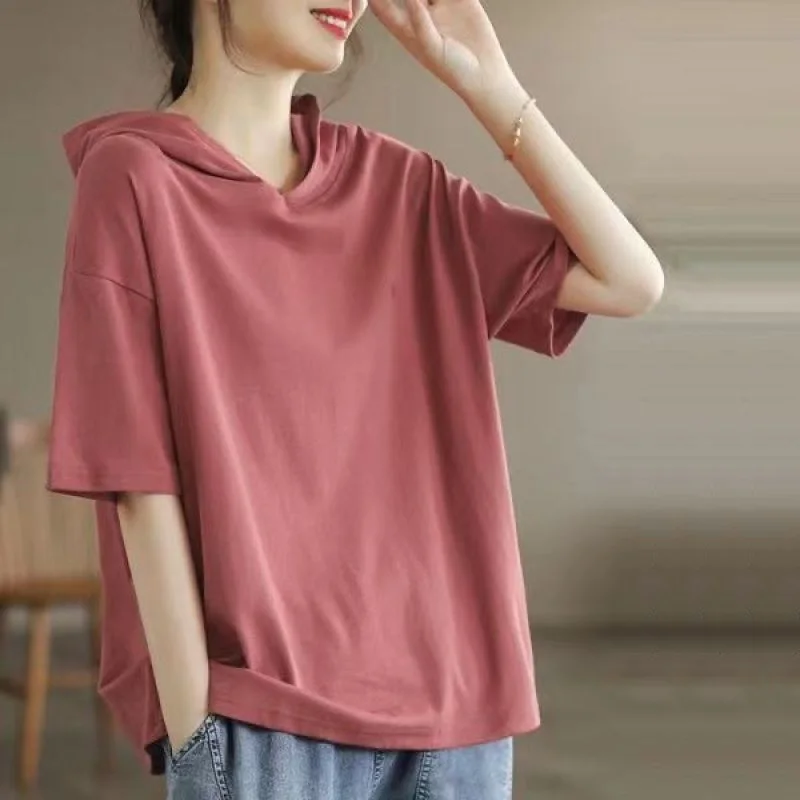 여성용 오버사이즈 풀오버 후드티, 단색, 심플, 캐주얼 패션, 다목적, 루즈, 반팔, 한국 에디션, 2024 여름