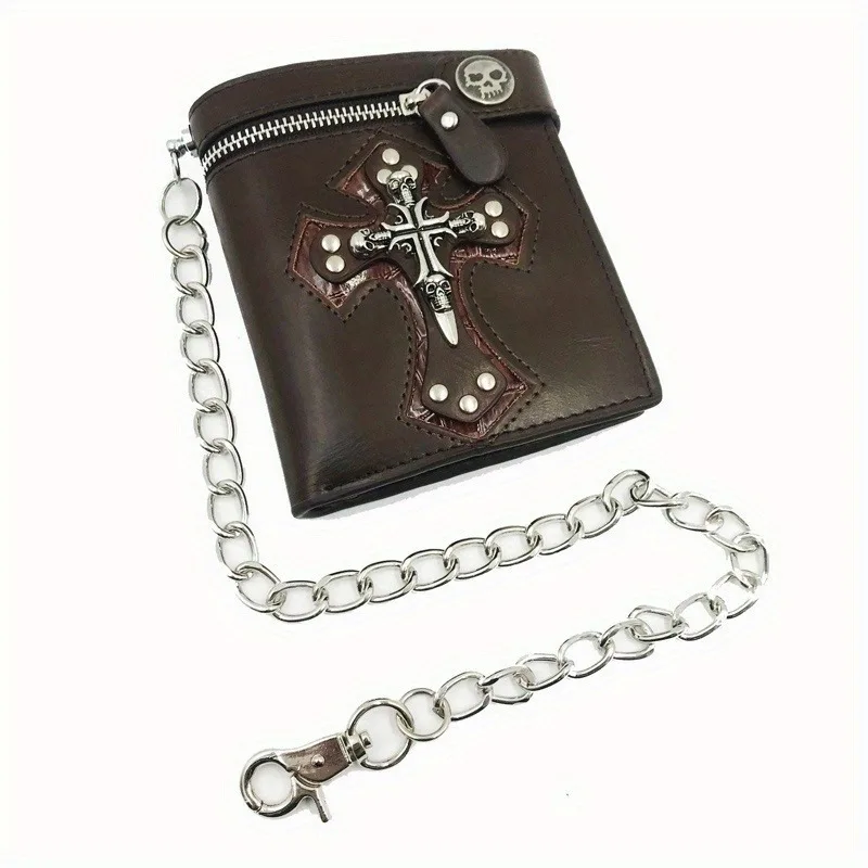 Punk-Stil, neu, 2025, Retro-Stil, Herren-Geldbörse mit Totenkopf-Kreuz, Clutch-Tasche, Kette, Nieten, Karten-Geldbörsen, Vintage-Rocker, multifunktionale Mini-Geldbörse – Detail 10