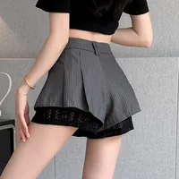 High Waist Lace Patchwork Silk Short Pants Women's Spring Summer Thin Wide Leg Skirt Pants Casual Style Small Size Pleated