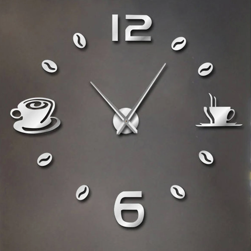 Wall Clock Wall Clock Sticker 27/37/47inch Wall Clocks Coffee Cup Shape Frameless Wall Clock DIY Quartz Needle Watch Acrylic Mirror Stickers Home Decor