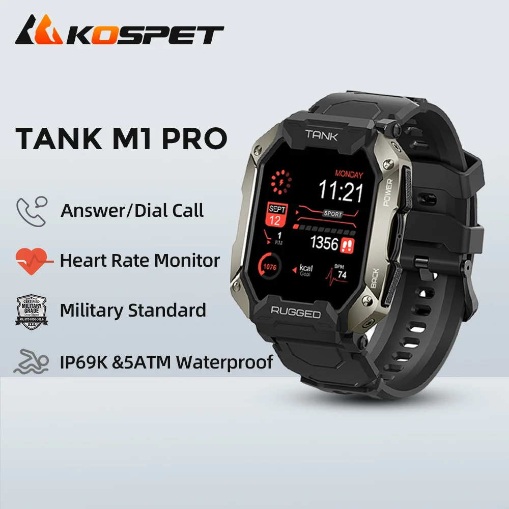 KOSPET TANK M1 PRO Military Smartwatch Sport Rugged Answer Make Calls 5ATM IP69K Black Blue Fitness Smart Watch For Men Women