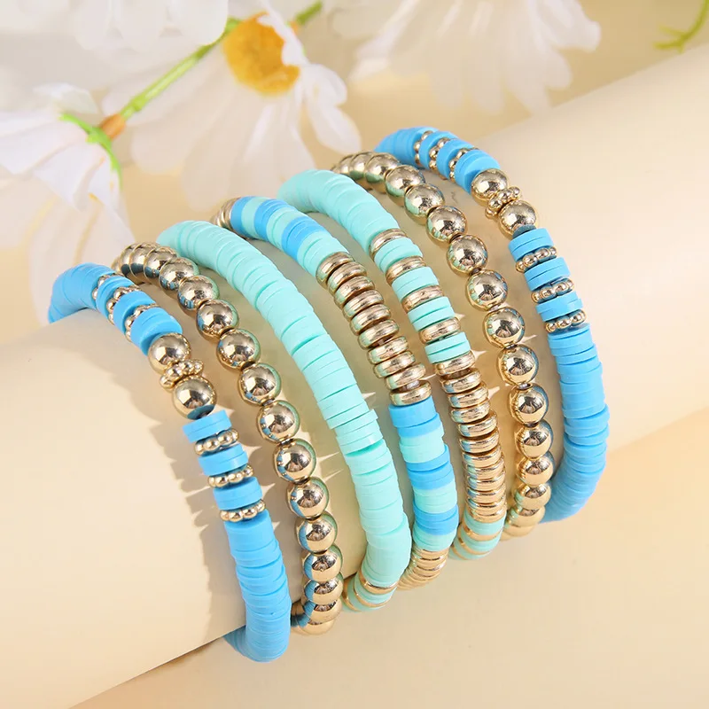 

6/7pcs Bohemian Polymer Clay Bracelets Set for Women Multilayer Elastic Colorful Beads Bracelet Fashion Jewelry Set Accessories