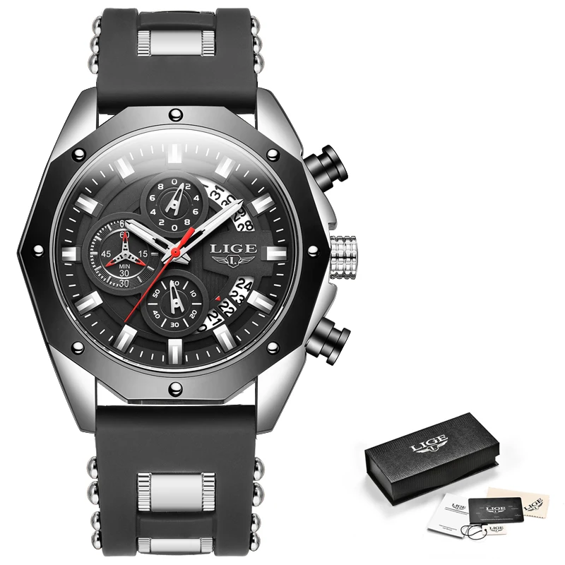 2022 LIGE New Fashion Mens Watches Top Brand Luxury Silicone Sport Watch Men Quartz Date Clock Waterproof Wristwatch Chronograph 