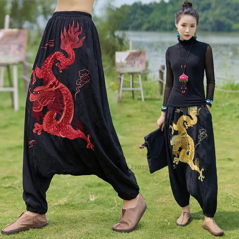 china dragon embroidery bloomers black trousers women national ethnic style vintage harajuku harem pants casual baggy pants women pants