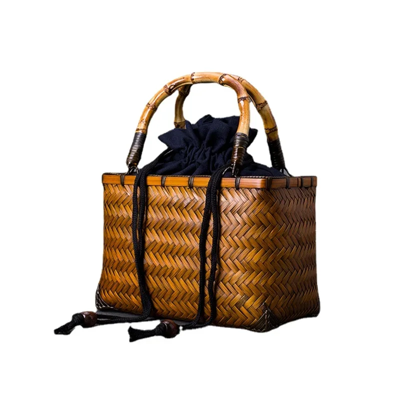 Chinese Retro Woven Bag Women Bento Tableware Storage Bundle Mouth Lining Style Handheld Basket Bamboo Handle Organizer Pouch 6