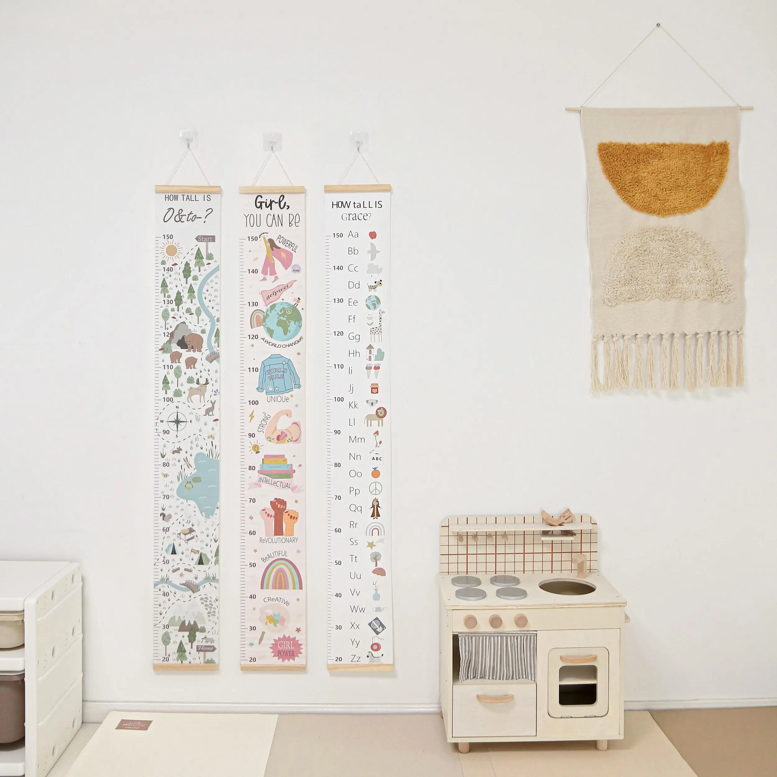 Children Height Measuring Chart Wooden Canvas Baby Height Ruler Room Cartoon Decoration Height Measurement Wall Sticker Removable Shooting Props