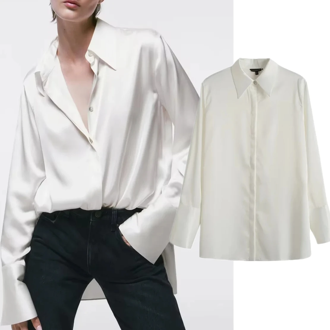 

Jenny&Dave England Style Fashion Silk Satin Loose Long Sleeve Shirts Casual Blouse Women Tops