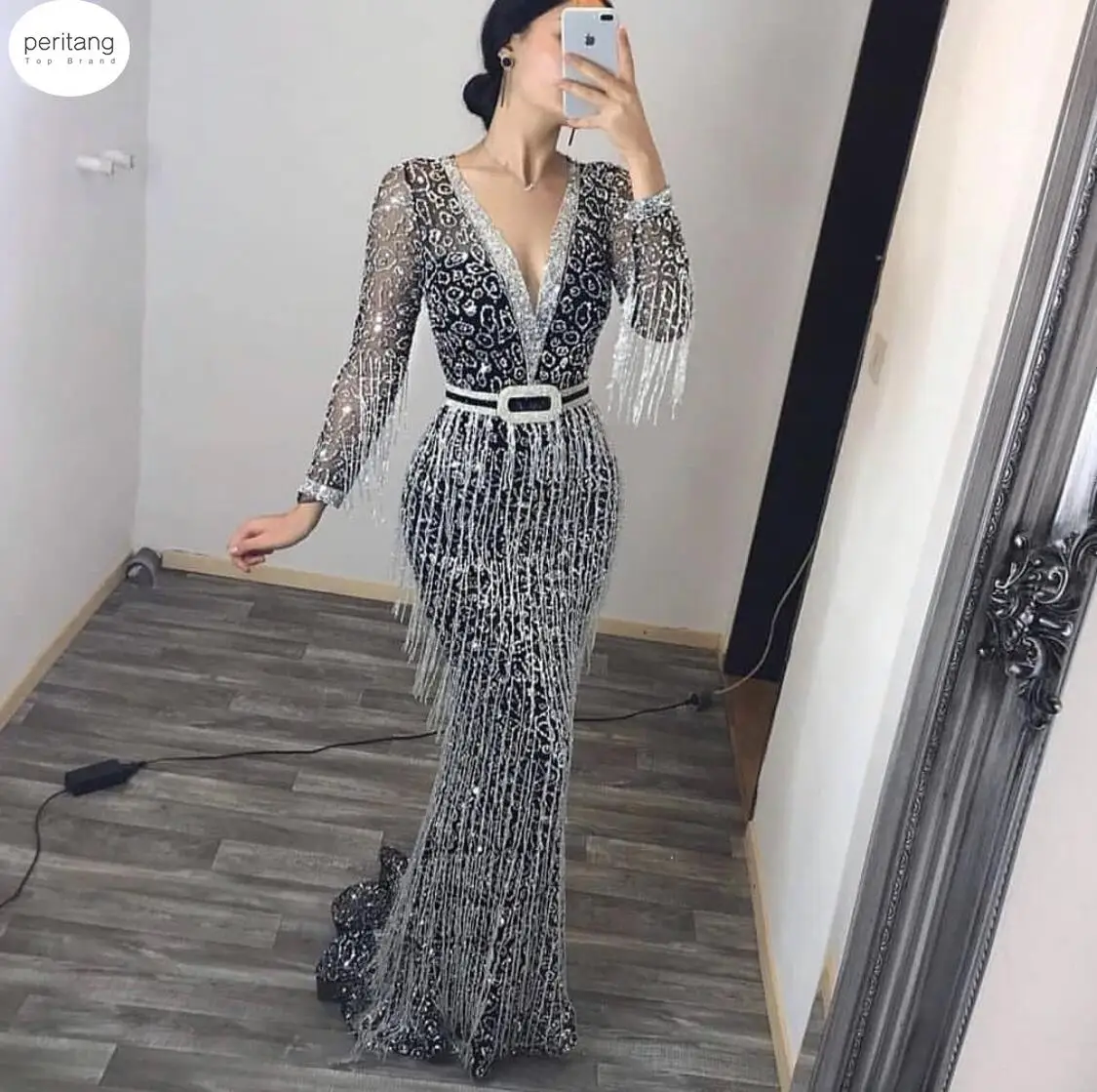 

Women Solid Sequined Shining Evening Party Ladies Sexyt V Neck Sheath Long Sleeved Long Bodycon Women Female robe Dress