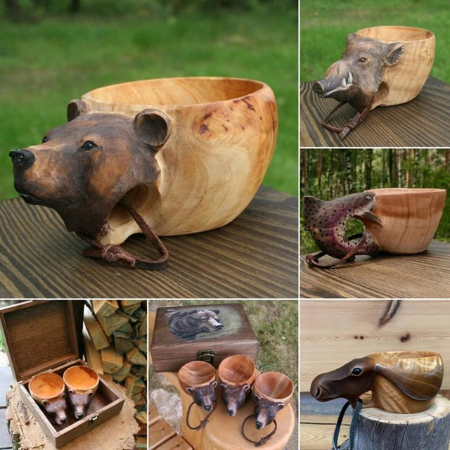 Hand Carved Wooden Mug,Kuksa Guksi Animals Head Image Cup, for Travelers,Outdoor Camping,Bushcraft Drinking Camp Cup,Nice Gift for Who Likes Nature