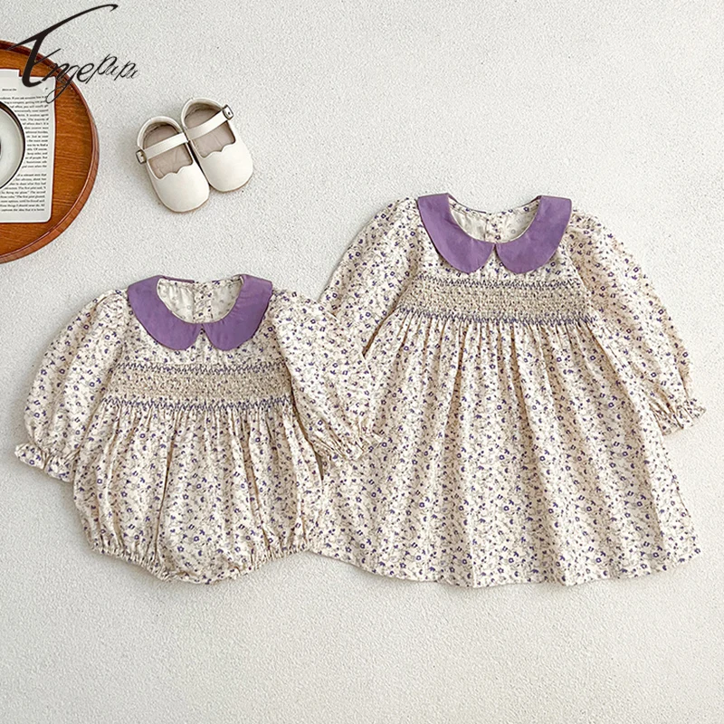 

Baby Girls Long Sleeves Floral Rompers Children Girls Dress Sweet Lapel Spring Autumn Dress Infant Girls Sister Clothes