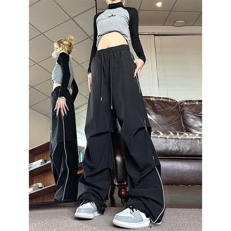 QWEEK Vintage Parachute Pants Women Black Baggy Y2k Streetwear Korean Fashion Pleated Cargo Trousers Harajuku 90s Aesthetic Kpop