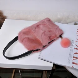 Women's High Quality Fur Mobile Phone Bag High Quality Mink Fur Mini Tote Fall/Winter Casual Hairball Decorated Mobile Phone Bag