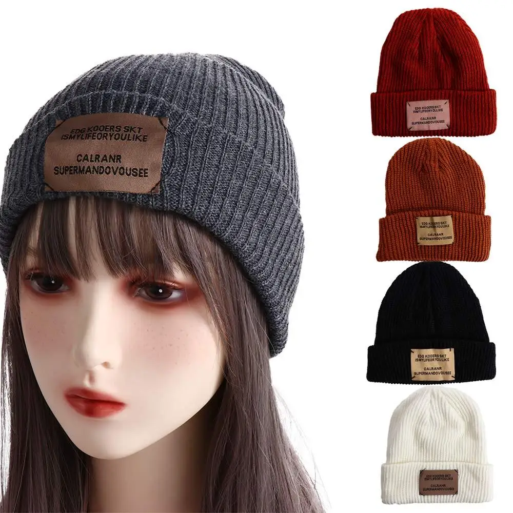 

Simple Temperament Warm All-match Skullies Solid Color Winter Letter Woolen Hat Korean Style Caps Men Beanies Knitted Hat