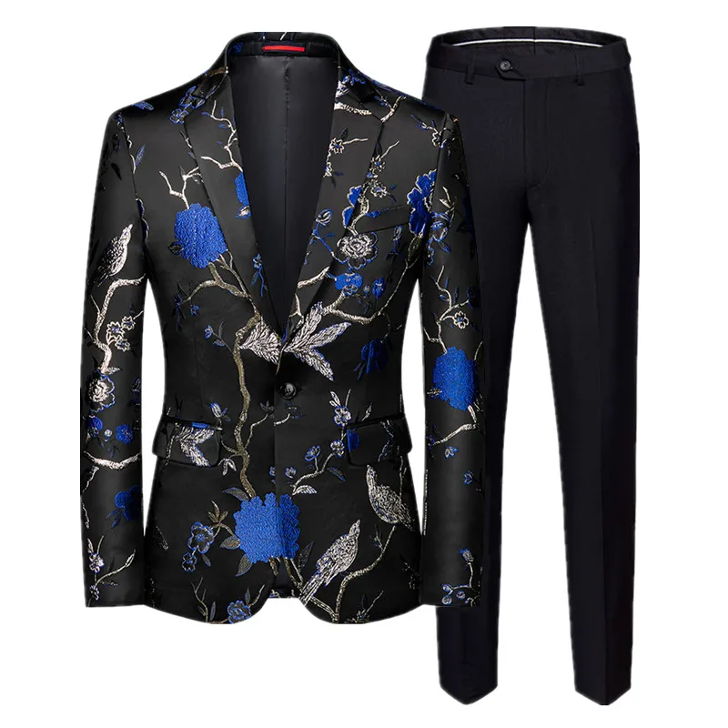Men's Jacquard Suit British Style Men Business Wedding Party Tuxedo Dress Blazer and Pant, Male Slim Fit Clothing