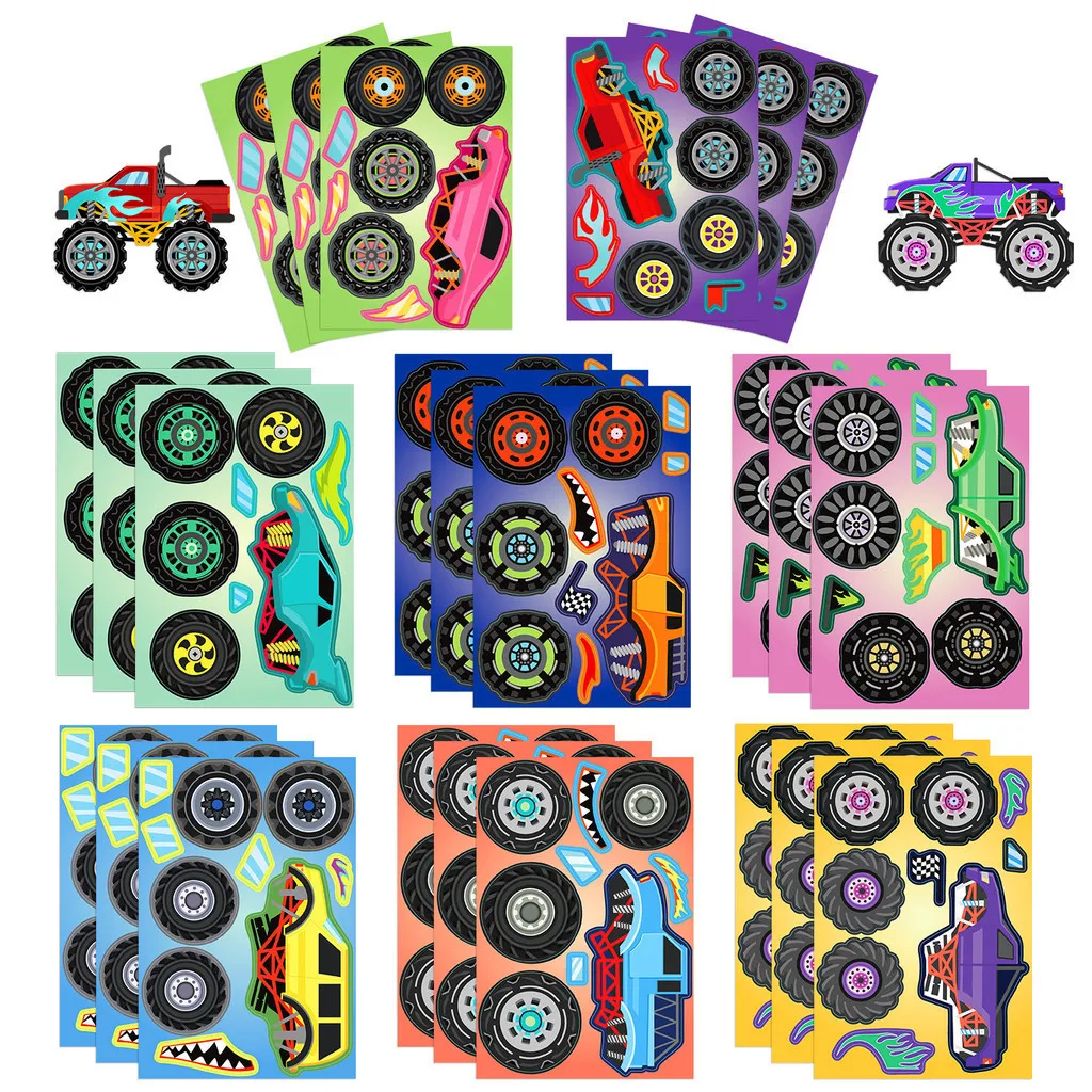 8 Blatt Original Cartoon Monster Trucks wasserdichte Graffiti-Aufkleber für Helm Fahrrad Handkonto Federmäppchen Aufkleber