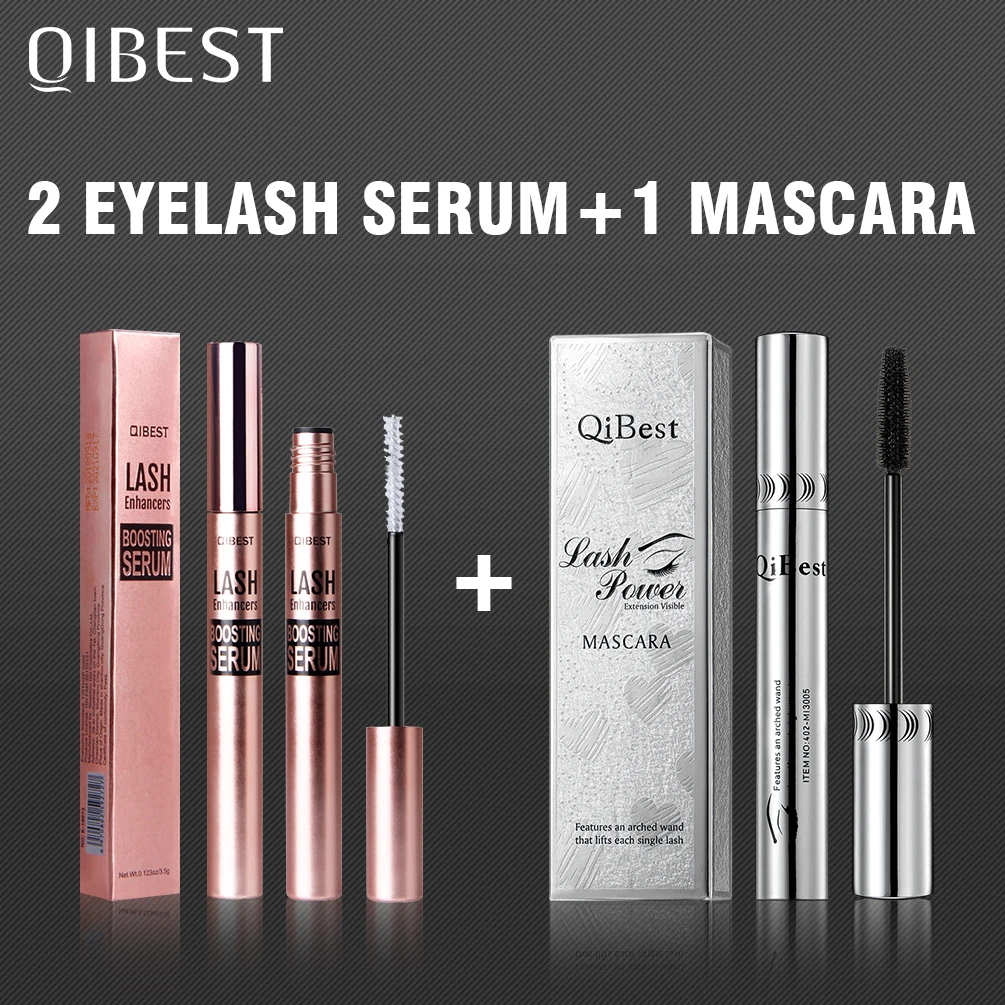 Qibest 2pcs Eyelash Growth Treatments Essence And 1 Pc 4d Black Mascara Kit Eyelash Enhancer