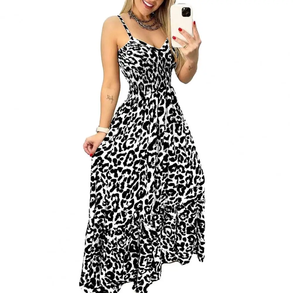 

Женское винтажное платье с леопардовым принтом, ТРАПЕЦИЕВИДНОЕ ПЛАТЬЕ на бретелях-спагетти без рукавов с V-образным вырезом и поясом на резинке, лето 2024