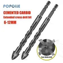 

6-12mm Extended Cross Drill Bit Hard Alloy Hexagonal Shank Four-blade Drill Bit for Ceramic Tile Glass Brick Wall Drilling
