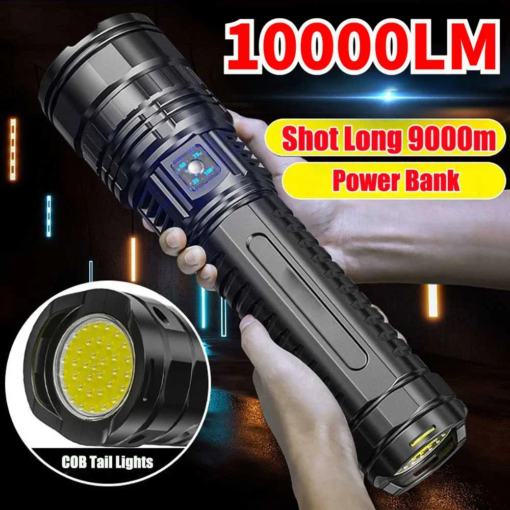 Built-in Battery White Laser Flashlight 10000LM 80W Most Powerful ZoomableTactical Led Long Spotlights 15000mah
