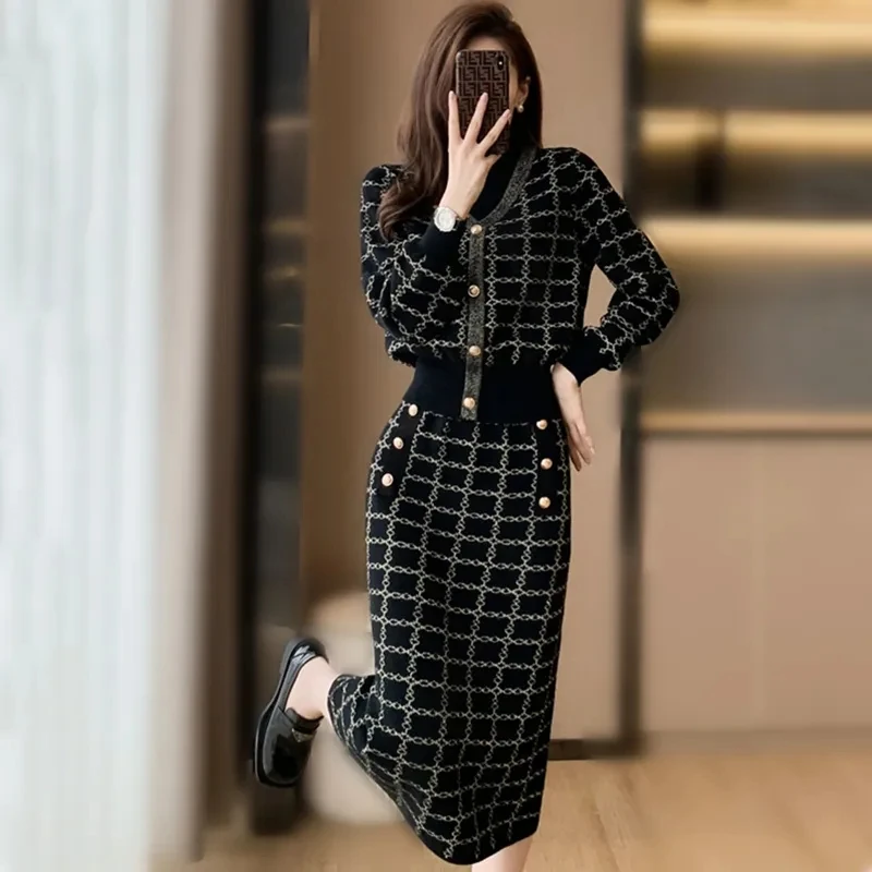 Casual Sweater Tracksuit Slim Plaid Vintage Knit Skirt 2 Piece Set Fashion Short Tops + Bodycon Faldas Elegant Formal Ensembles