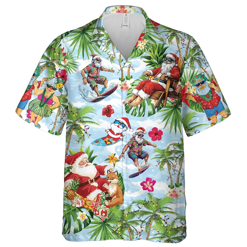 Hawaiian Shirt Children Summer Girl Clothes Tops Turndown Collar Kawaii Christmas Print Kid Clothes Boy Short Sleeve Shirts