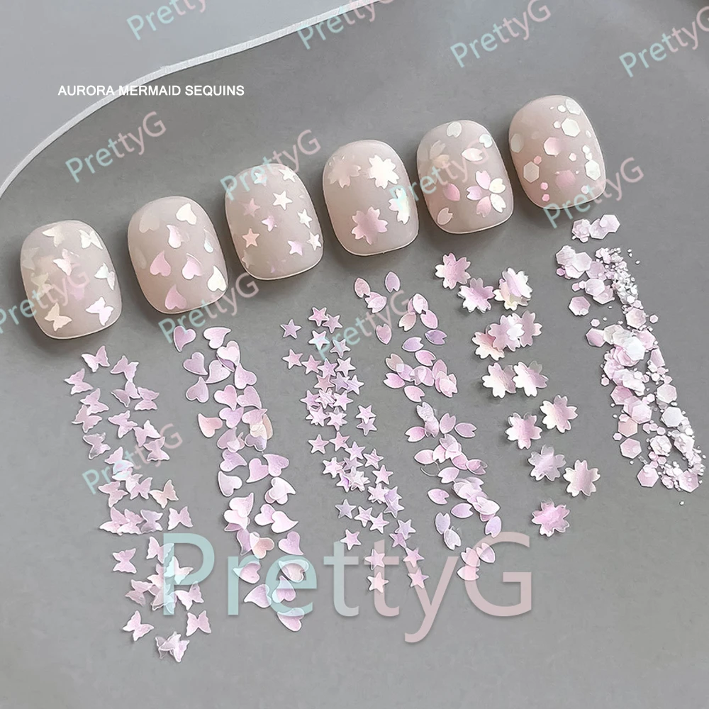 PrettyG 1박스 MHP 라이트 핑크 오로라 머메이드 글리터 쉐이프 컬러 시프트 시퀸 글리터 DIY 젤 네일 아트 데코레이션 액세서리