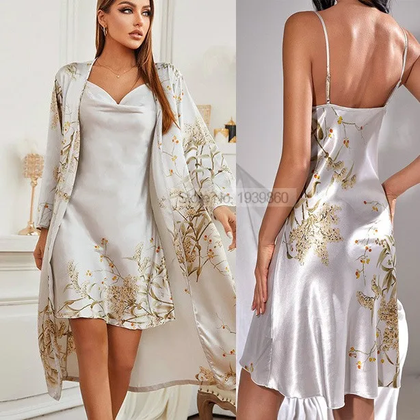 Chic Cherry Satin Robe & Nightgown Set - Women's Luxurious Summer Loungewear