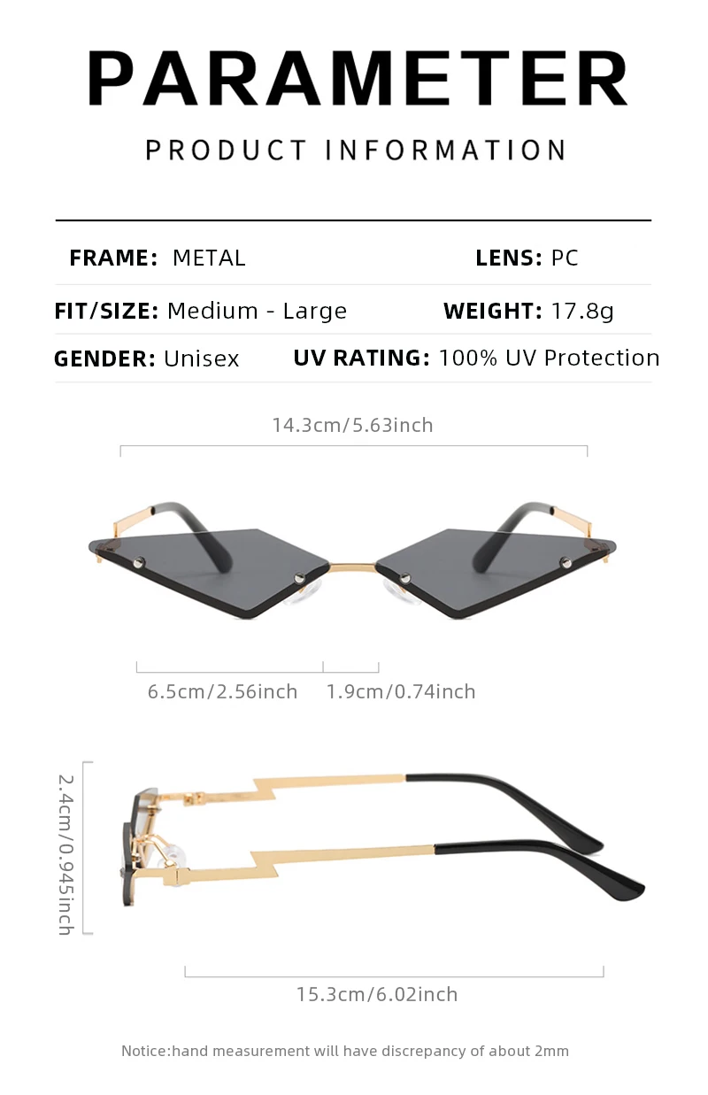 Y2K Randlose Dreieck-Sonnenbrille für Damen und Herren, Modische Geometrische Sonnenbrillen für Party, Club, Festival, Accessoires, Schattierungen – Detail 7