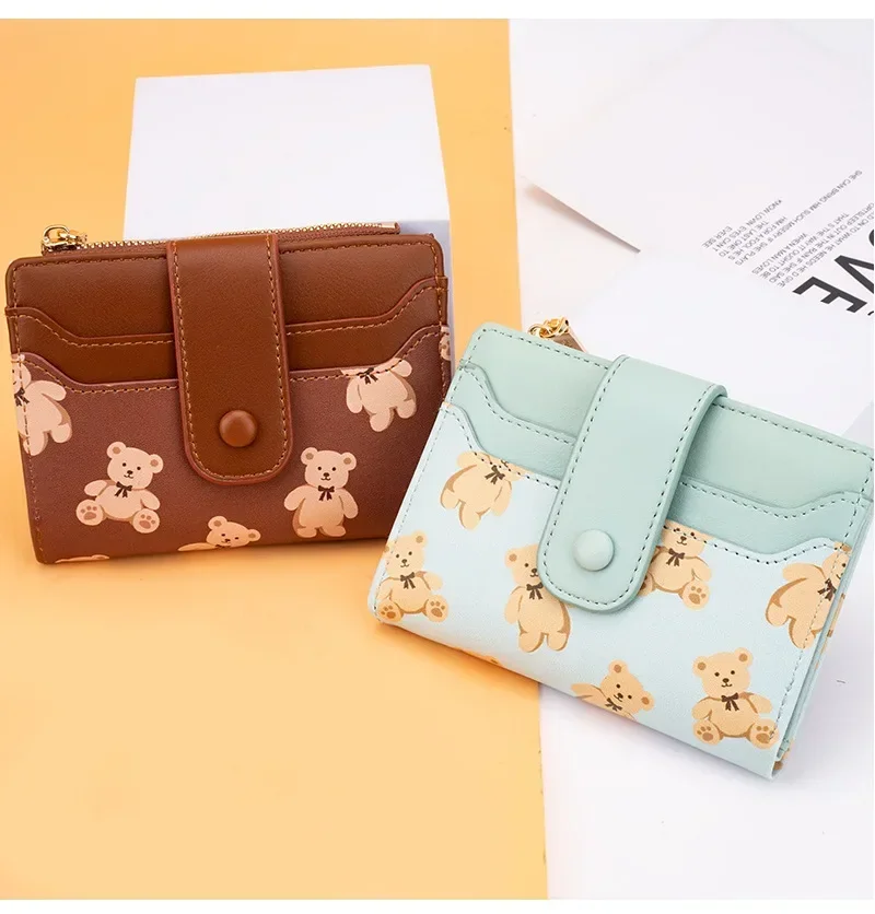 Women Short Wallets PU Leather Female Bifold Purses Cute Bear Card Holder Wallet for Girl Small Zipper Wallet with Coin Purse 6