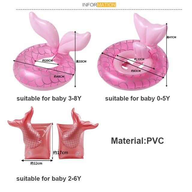 Inflatable Swimming Ring for Kids Pink Mermaid Shape Girls Safety Baby Seat Float Swim Circle Summer Beach Children Water Toys 6